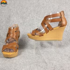 A.N.A Taci Strappy Sandals Brown Leather Wedge Heel Back Zip Women's Size 6 M